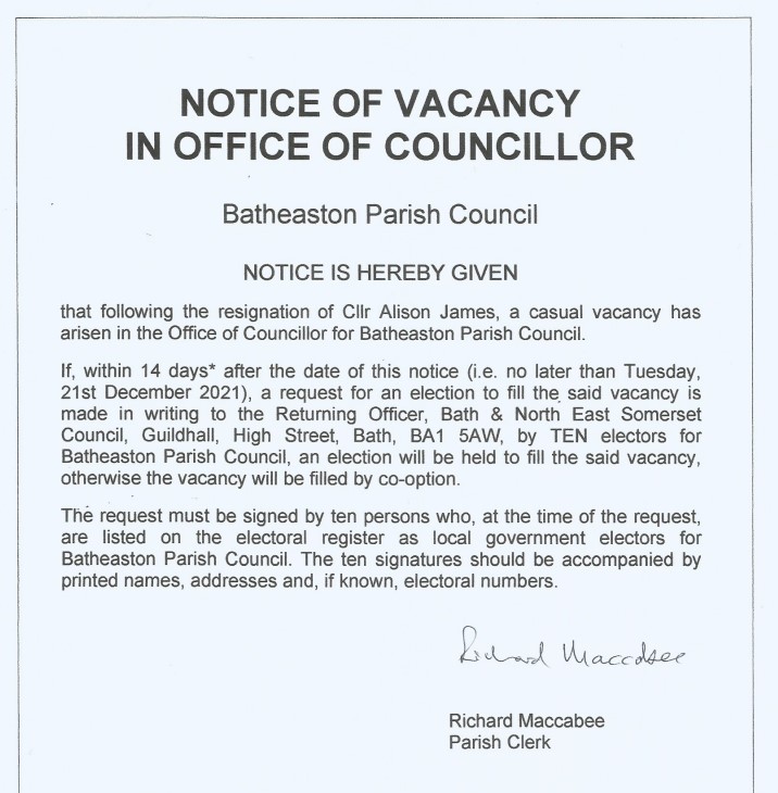 Notice of a Vacancy in the Office of Councillor | Batheaston Parish Council